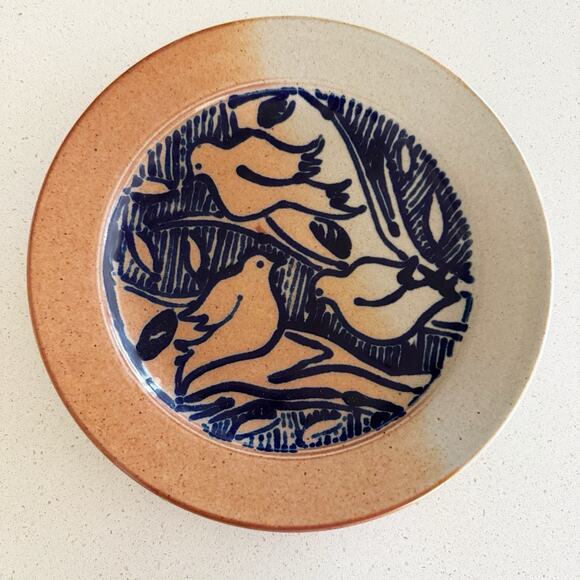 Stoneware Pottery Dish Vintage 11.25” Orange With Blue Birds Boho Handmade - Picture 1 of 5